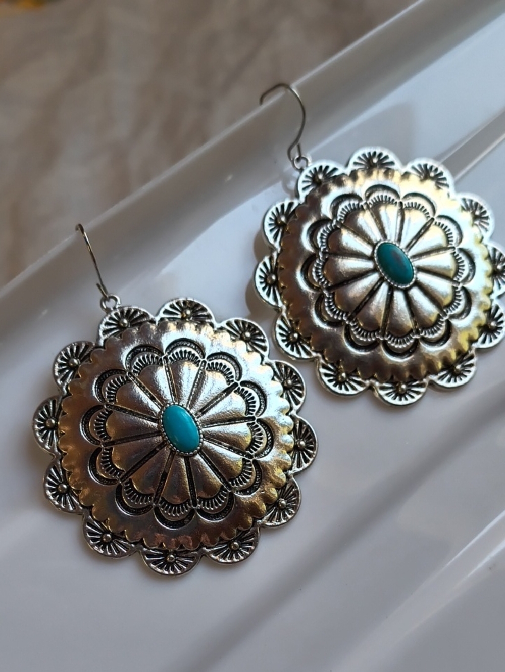 Turquoise Colored Center Silver Tone Concho Drop Earrings HUGE Statement Earring